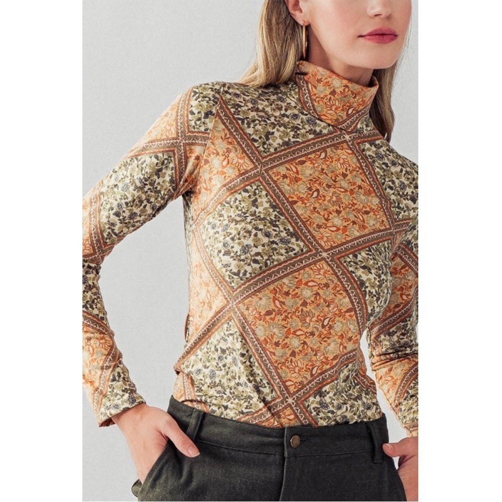 New Muted Autumn Art Nouveau Floral Diamond Pane Mock Neck Long Sleeve Top. Sz S - Picture 3 of 11
